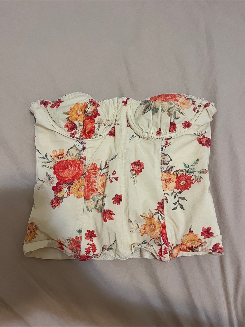 Strapless Floral Bustier Top in Cream with Red & Orange Roses